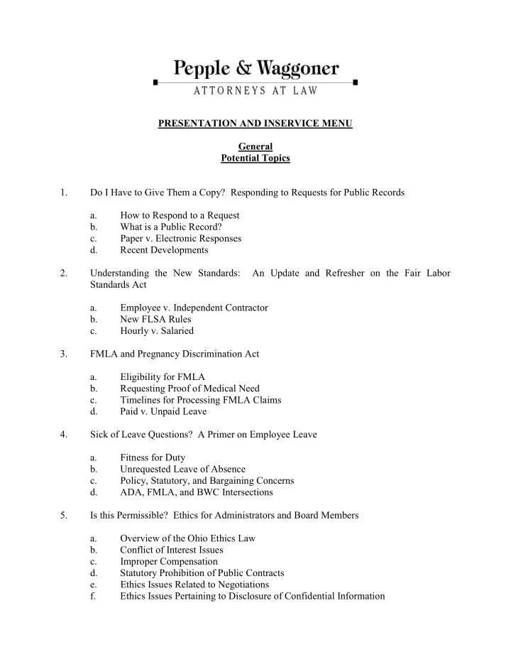 presentation and inservice menu general potential topics