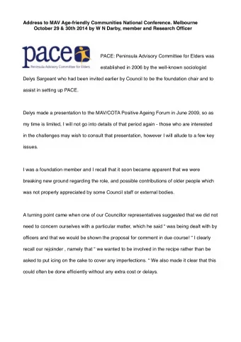 Address to MAV Age-friendly Communities National Conference. Melbourne  October 29 &amp; 30th 2014