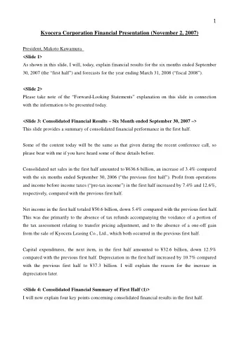 1  Kyocera Corporation Financial Presentation (November 2, 2007) President, Makoto Kawamura