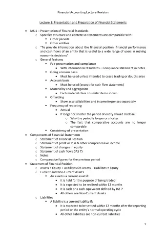 Financial Accounting Lecture Revision  Lecture 1: Presentation and Preparation of Financial