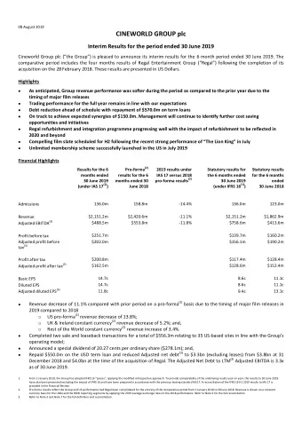 CINEWORLD GROUP plc  Interim Results for the period ended 30 June 2019 Cineworld Group plc (the