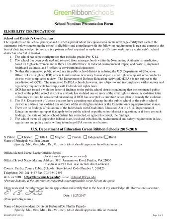 School Nominee Presentation Form ELIGIBILITY CERTIFICATIONS School and District s Certifications