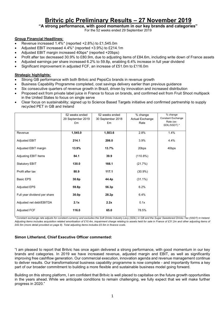 britvic plc preliminary results 27 november 2019