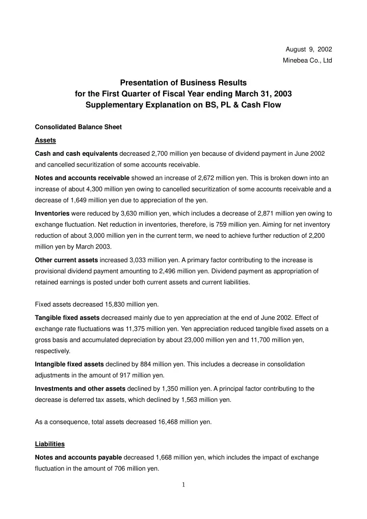 presentation of business results for the first quarter of