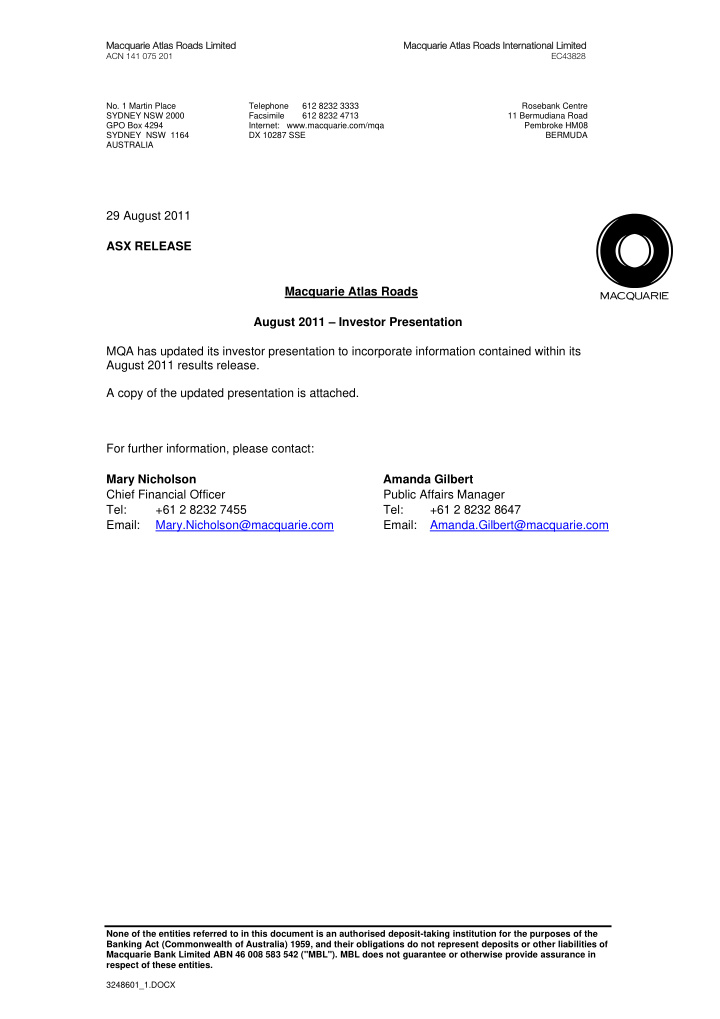 29 august 2011 asx release macquarie atlas roads august