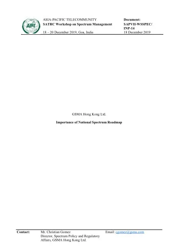 GSMA Hong Kong Ltd.  Importance of National Spectrum Roadmap  Contact:  Mr. Christian Gomez  Email: