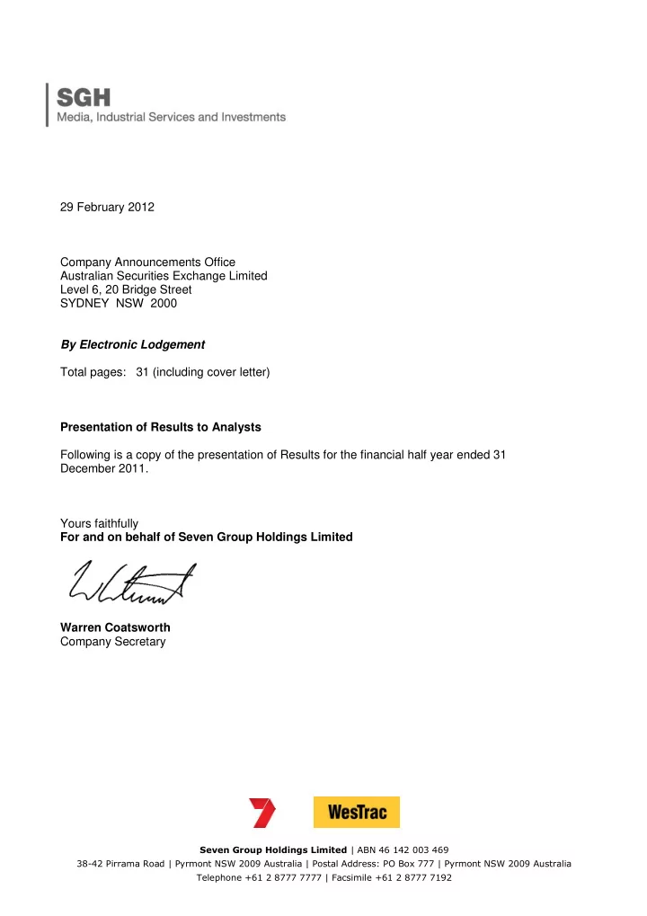 29 february 2012 company announcements office australian