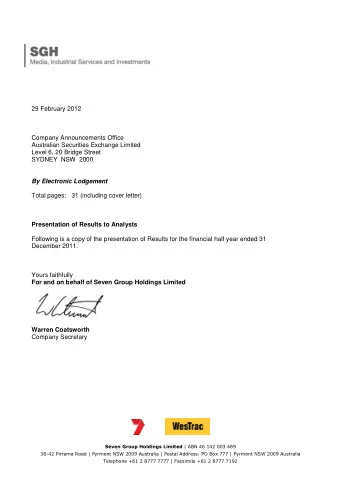 29 February 2012  Company Announcements Office  Australian Securities Exchange Limited  Level 6, 20