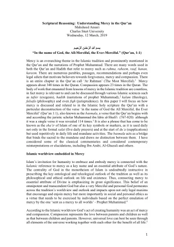 Scriptural Reasoning:  Understanding Mercy in the Quran  Mahsheed Ansari  Charles Sturt