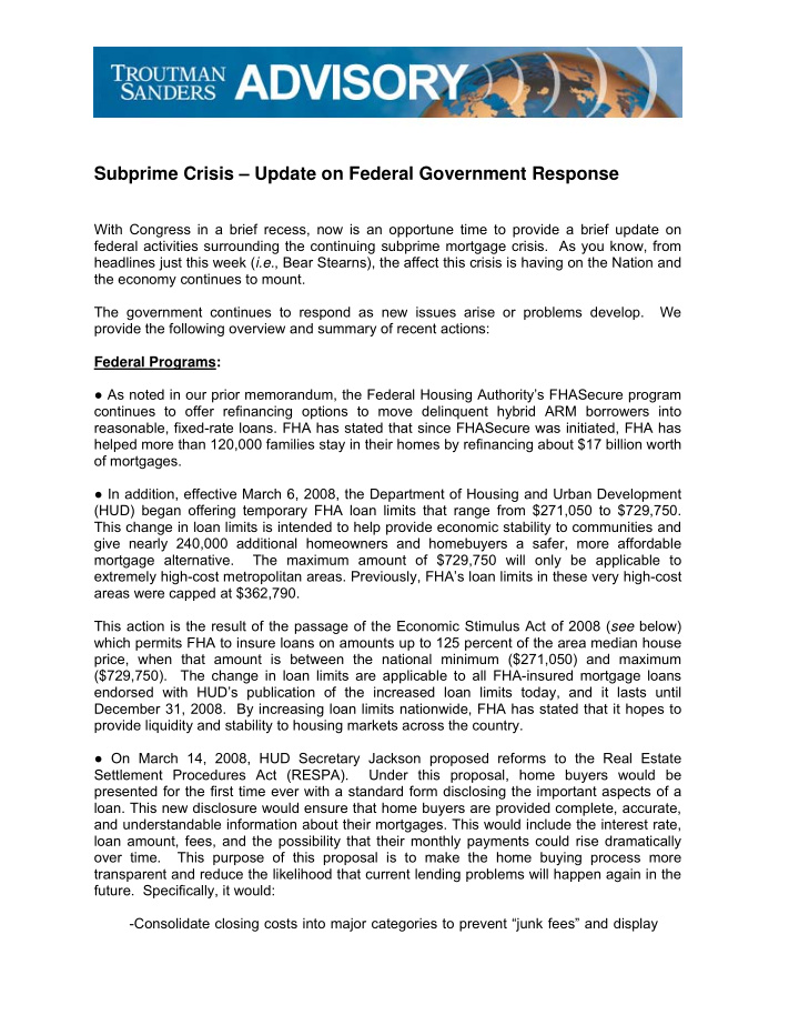 subprime crisis update on federal government response
