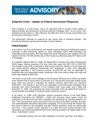 Subprime Crisis  Update on Federal Government Response  With Congress in a brief recess, now is