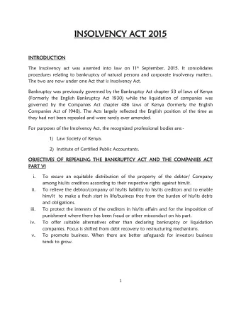 INS  NSOLV  LVENC  NCY ACT  CT 201  015  INTR  NTRODUCTION The Insolvency act was assented into law