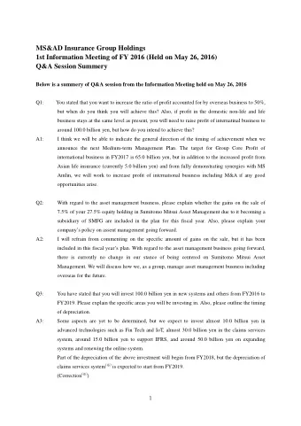 MS&amp;AD Insurance Group Holdings  1st Information Meeting of FY 2016 (Held on May 26, 2016)