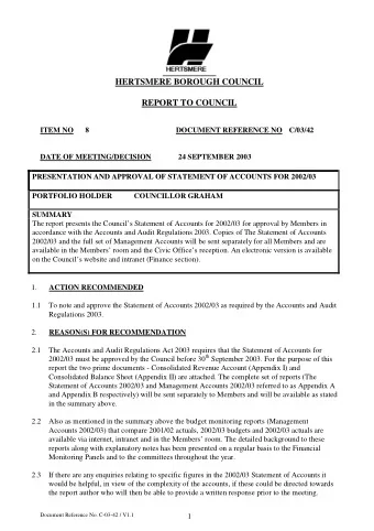 HERTSMERE BOROUGH COUNCIL  REPORT TO COUNCIL  ITEM NO  8  DOCUMENT REFERENCE NO C/03/42  DATE OF