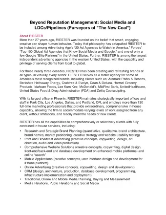 Beyond Reputation Management: Social Media and LDCs /Pipelines ( Purveyor s of &quot;The New