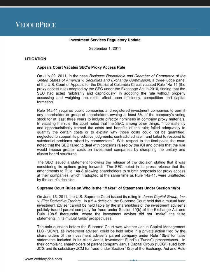 investment services regulatory update september 1 2011
