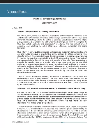 Investment Services Regulatory Update  September 1, 2011  LITIGATION Appeals Court Vacates SEC