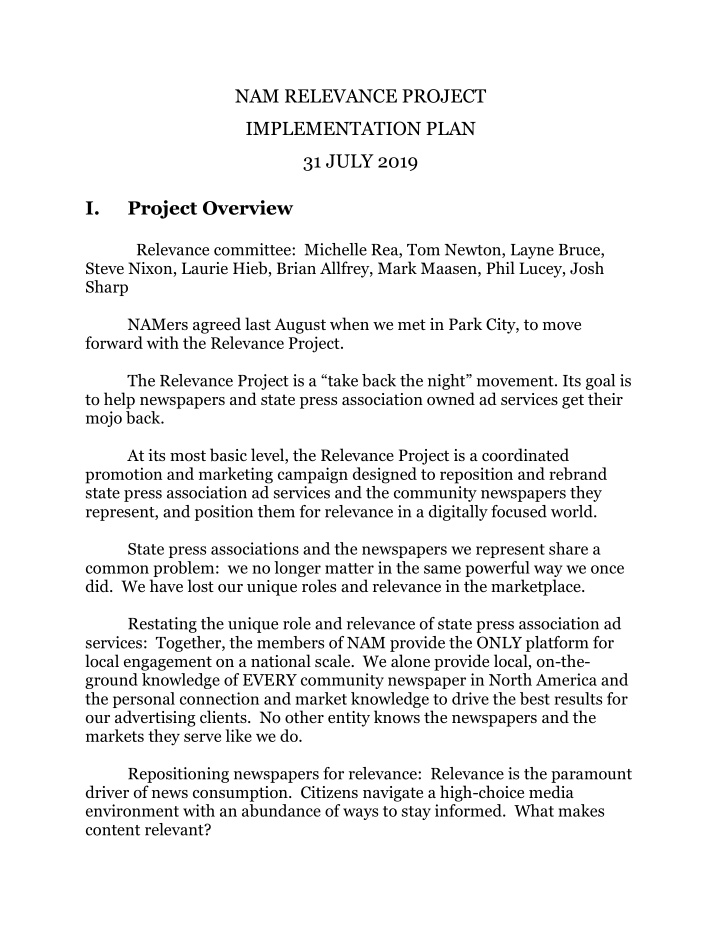 nam relevance project implementation plan 31 july 2019
