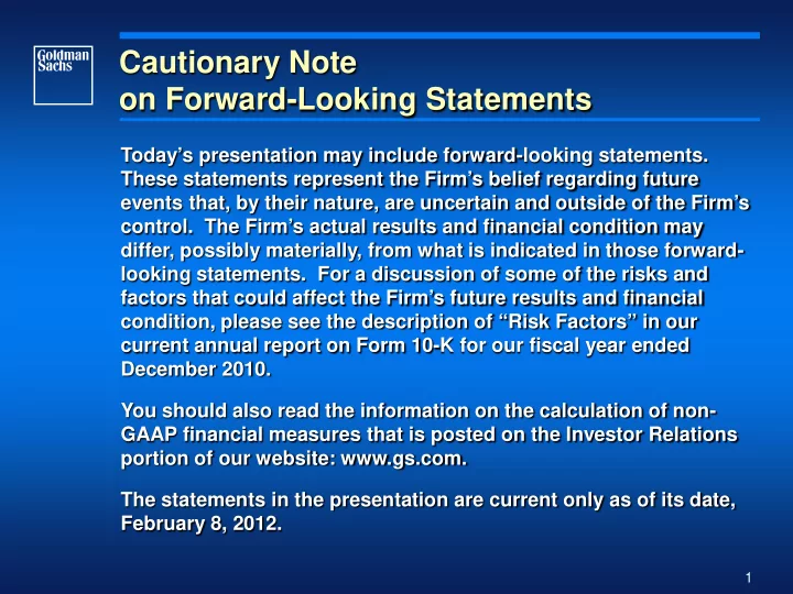 cautionary note on forward looking statements
