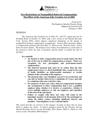 New Restrictions on Nonqualified Deferred Compensation:  The Effect of the American Jobs Creation