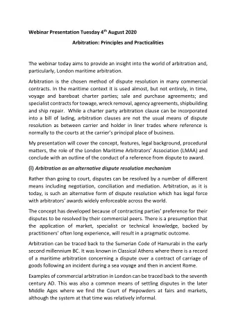 Webinar Presentation Tuesday 4 th August 2020  Arbitration: Principles and Practicalities  The