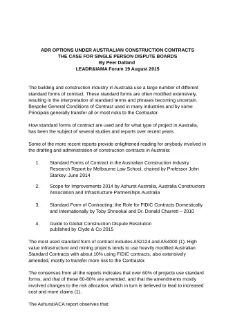 ADR OPTIONS UNDER AUSTRALIAN CONSTRUCTION CONTRACTS  THE CASE FOR SINGLE PERSON DISPUTE BOARDS  By