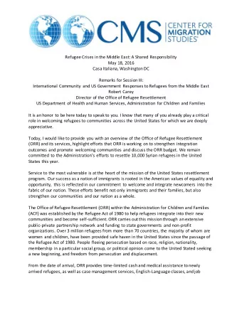 Refugee Crises in the Middle East: A Shared Responsibility  May 18, 2016  Casa Italiana, Washington