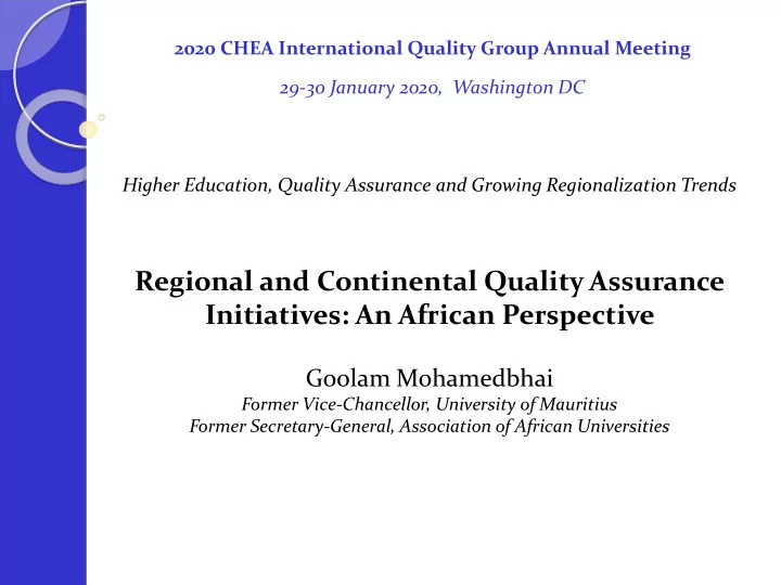 regional and continental quality assurance initiatives an