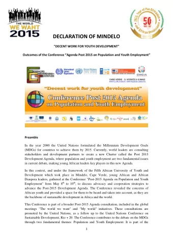 DECLARATION OF MINDELO &quot;DE CENT WORK FOR YOUTH DEVELOPMENT Outcomes of the Co nference