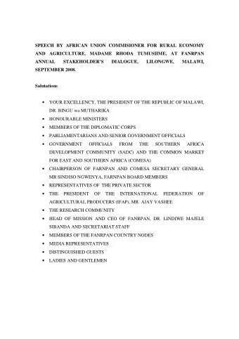 SPEECH BY AFRICAN UNION COMMISIONER FOR RURAL ECONOMY  AND AGRICULTURE, MADAME RHODA TUMUSIIME, AT