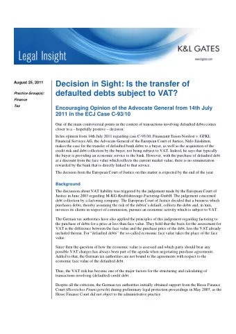 Decision in Sight: Is the transfer of  August 25, 2011  defaulted debts subject to VAT?  Practice