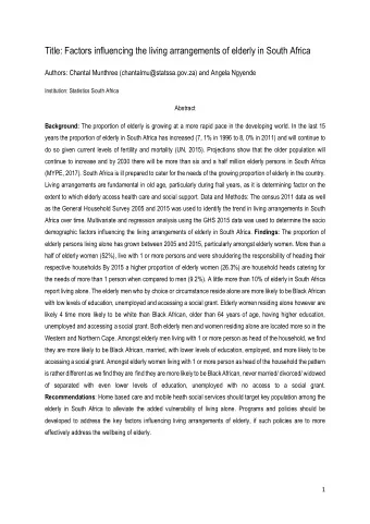 Title: Factors influencing the living arrangements of elderly in South Africa  Authors: Chantal
