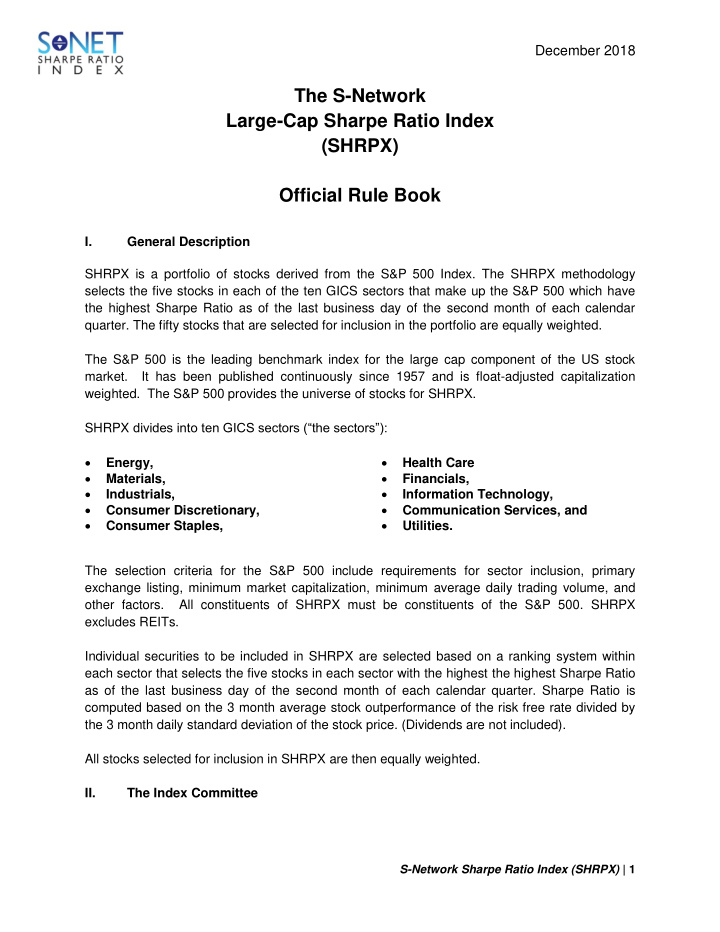 the s network large cap sharpe ratio index shrpx official