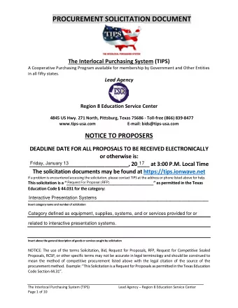 PROCUREMENT SOLICITATION DOCUMENT The Interlocal Purchasing System (TIPS)  A Cooperative Purchasing