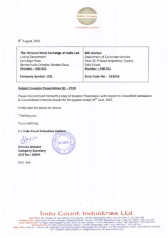 lJp?o-  Amruta Avasare  Company Secretary  ACS No.: 18844  Encl.:A/a  Indo Count Industries Ltd