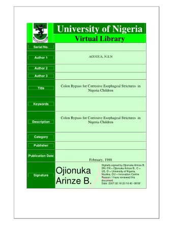 University of Nigeria Virtual Library  Serial No. AGUGUA, N.E.N  Author 1  Author 2  Author 3