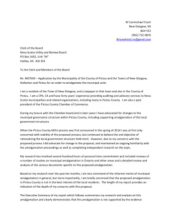 42 Carmichael Court  New Glasgow, NS  B2H 5T2  (902) 752-0876  Brianwhite2.ns@gmail.com  Clerk of