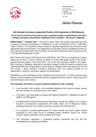 Media Release  AIA Extends Pan-Asian Leadership Position with Acquisition of ING Malaysia  On the