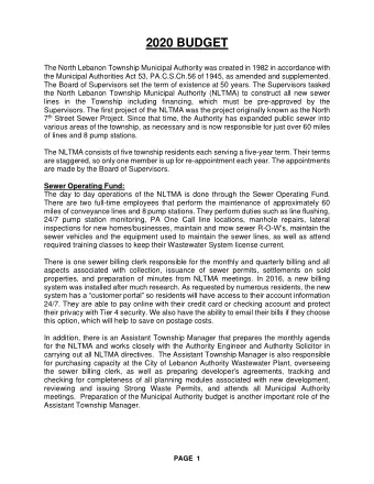 2020 BUDGET  The North Lebanon Township Municipal Authority was created in 1982 in accordance with