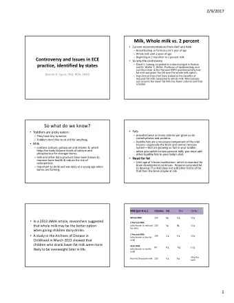 Milk, Whole milk vs. 2 percent  Current recommendations from AAP and AHA  Breastfeeding  or