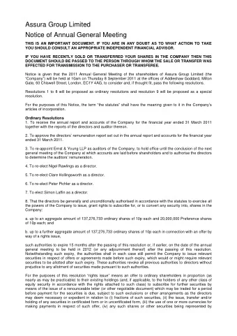 Assura Group Limited  Notice of Annual General Meeting  THIS IS AN IMPORTANT DOCUMENT. IF YOU ARE