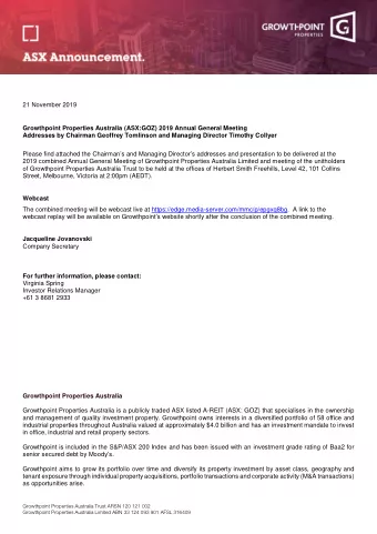 For further information, please contact:  Virginia Spring  Investor Relations Manager  +61 3 8681