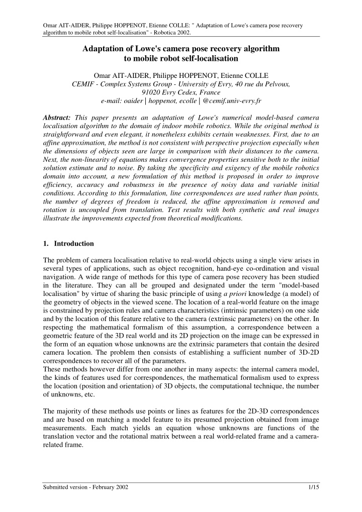 adaptation of lowe s camera pose recovery algorithm to