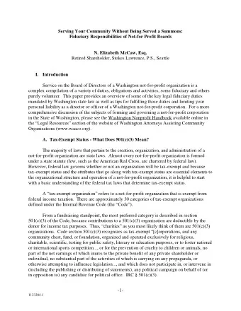 Serving Your Community Without Being Served a Summons:  Fiduciary Responsibilities of Not-for
