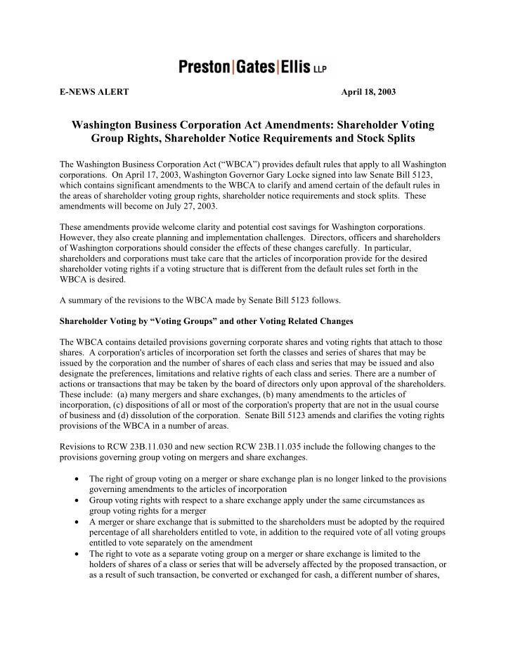 washington business corporation act amendments