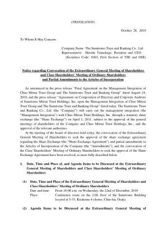 (TRANSLATION)  October 28, 2010  To Whom It May Concern:  Company Name: The Sumitomo Trust and