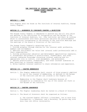 THE INSTITUTE OF INTERNAL AUDITORS, INC.  ORANGE COUNTY CHAPTER  BYLAWS  ARTICLE I - NAME  This