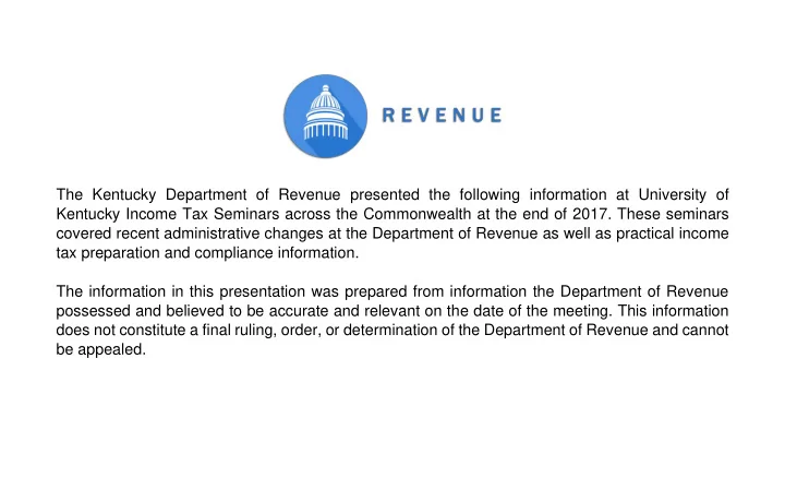 the kentucky department of revenue presented the