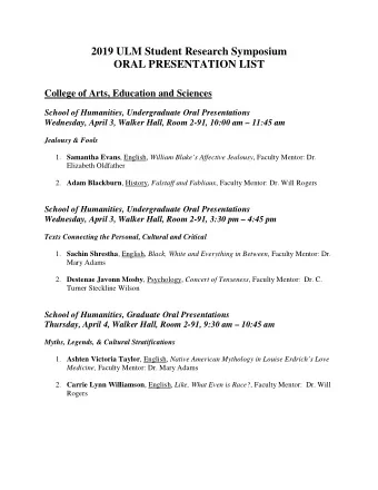 2019 ULM Student Research Symposium  ORAL PRESENTATION LIST  College of Arts, Education and