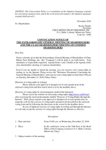 CONVOCATION NOTICE OF  THE EXTRAORDINARY GENERAL MEETING OF SHAREHOLDERS  AND THE CLASS